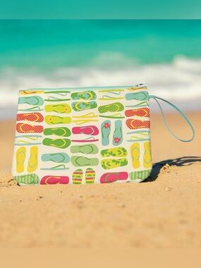 Flip-Flop Print Wristlet Pouch Multicolor Summer Beach Travel Bag 12”x9” NWOT